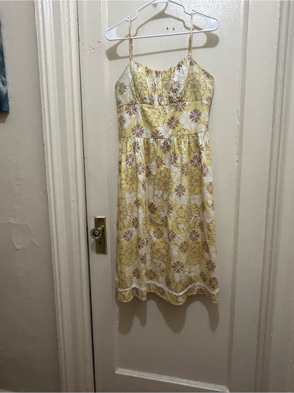 Yellow Floral Spaghetti-Strap Midi Dress Cotton Spandex Sz 14 Lined bodice